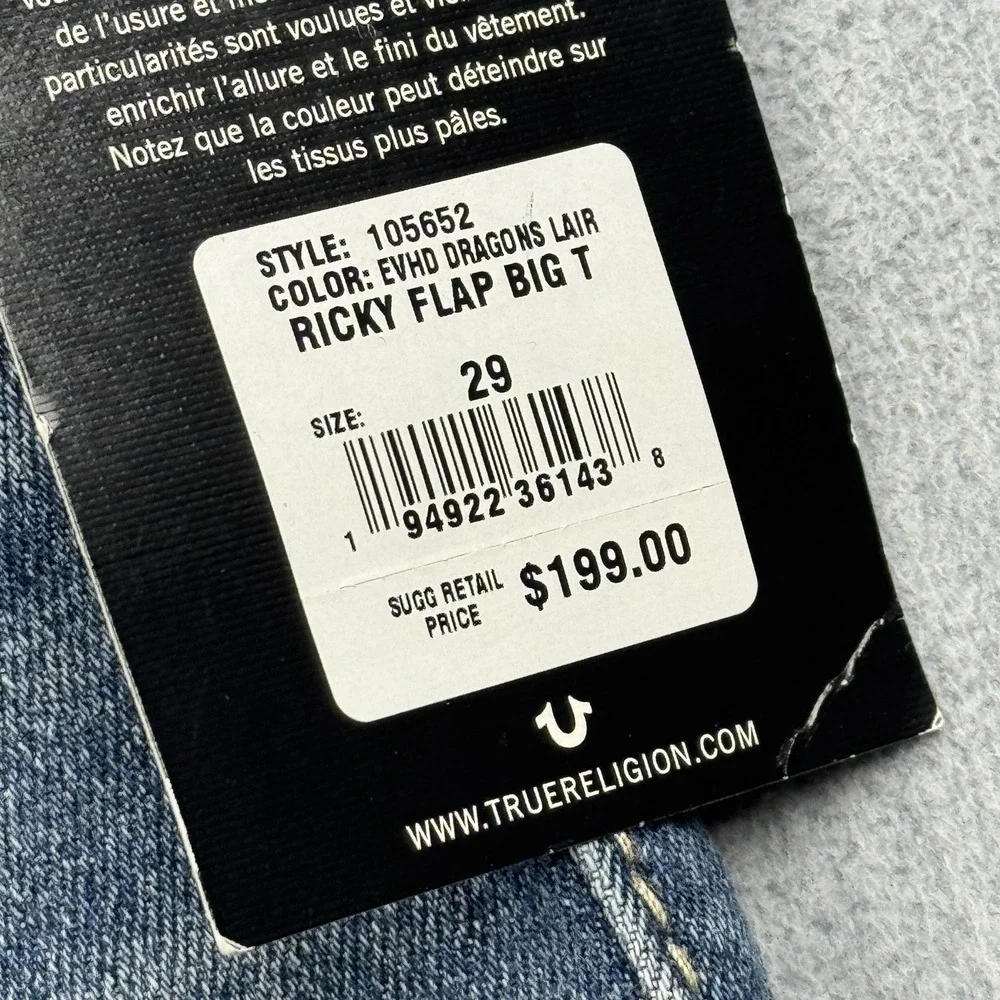 True Religion Jeans Mens 29X33 Blue Ricky Flap Big T Denim Relaxed Straight NWT